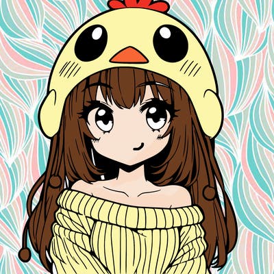 anime girl with chick shaped hat with sweater with bare shoulders with bangs covering them one eye with low tail