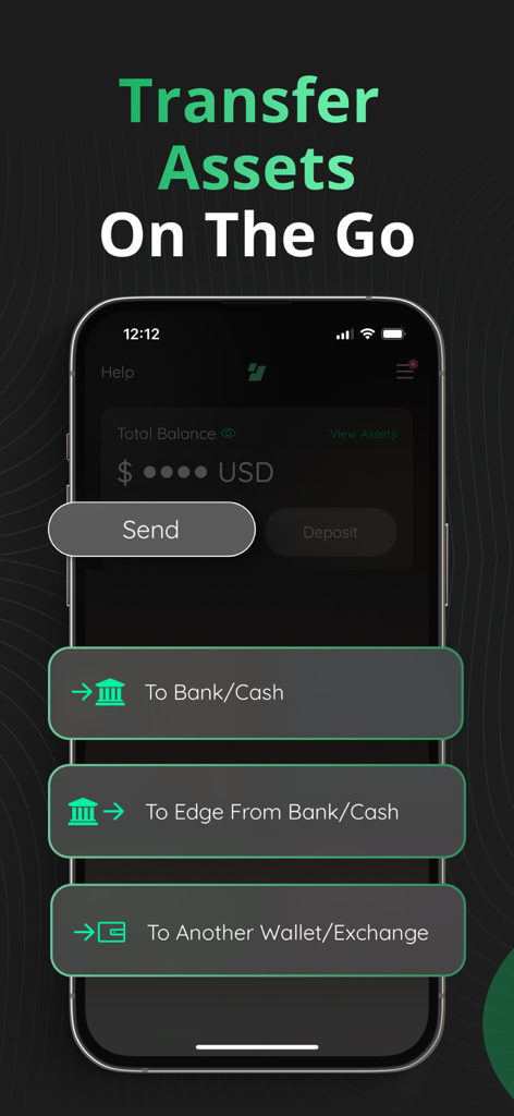 Edge暗号資産ウォレットアプリのインターフェースが表示されたスマートフォン。銀行や他のウォレットへの資産転送オプションがあります。