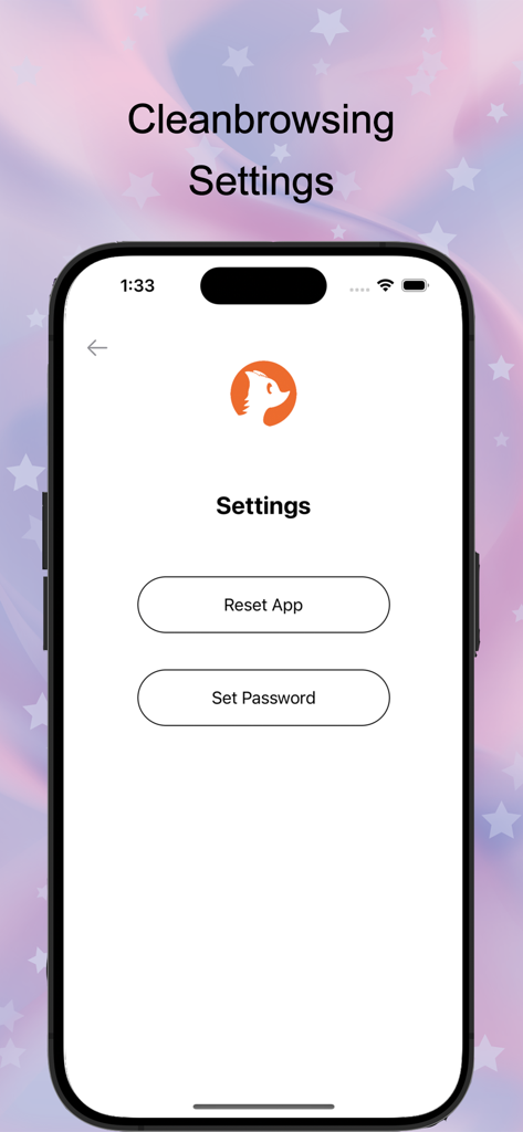CleanBrowsing DNS app settings screen showing Reset App and Set Password buttons