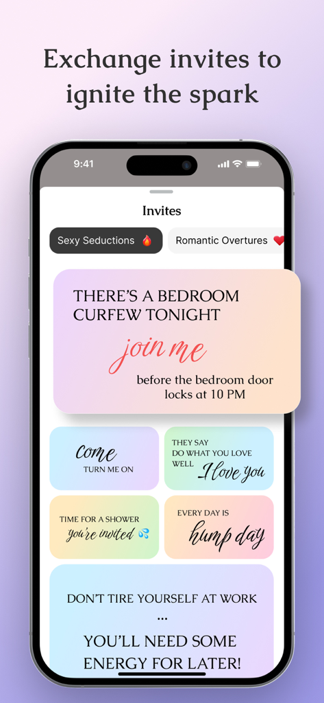 Just Between Us - Couples Chat - Una schermata mobile che mostra biglietti d'invito civettuoli e romantici per le coppie per accendere la scintilla.