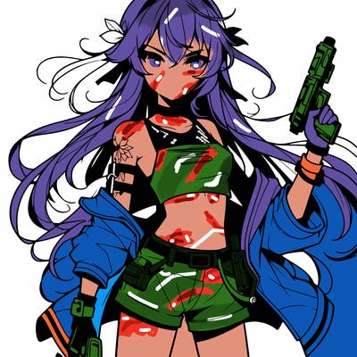 bad girl wearing crop top holding a gun long hair anime