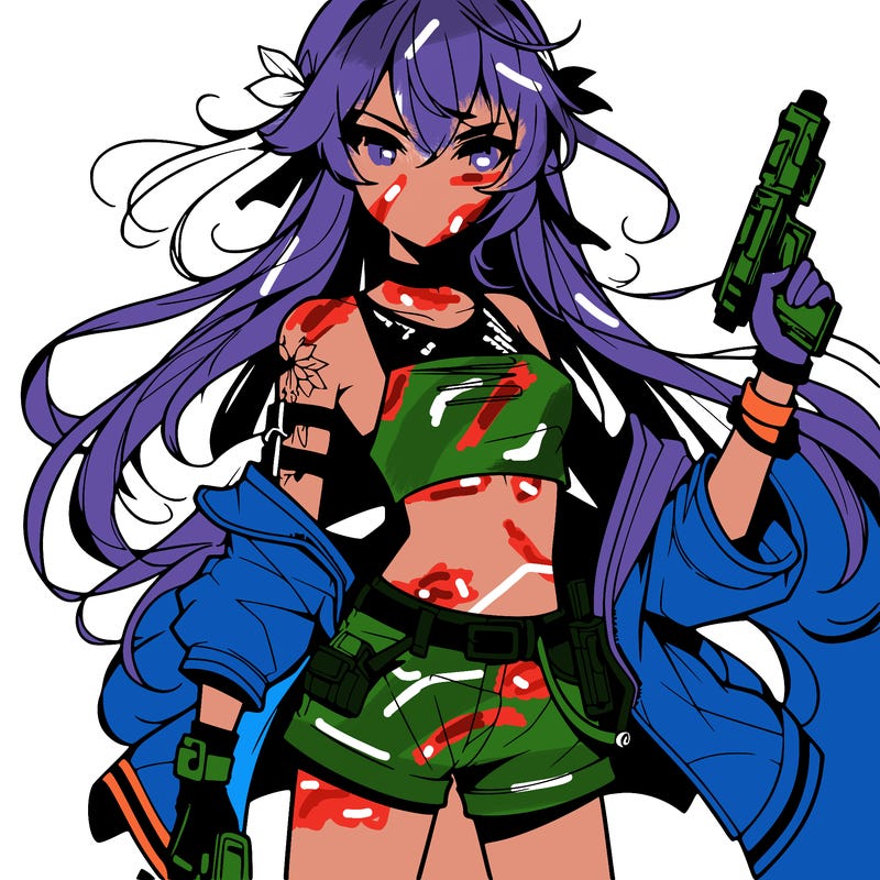 bad girl wearing crop top holding a gun long hair anime