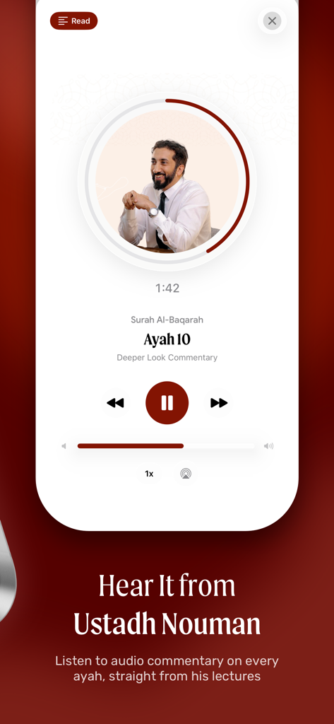 Audio player interface in the Revealed app showing Quran commentary by Ustadh Nouman Ali Khan