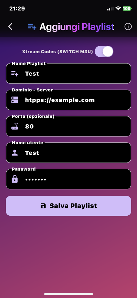 Pantalla de IPTV Zone Plus para añadir una nueva lista de reproducción usando códigos Xtream