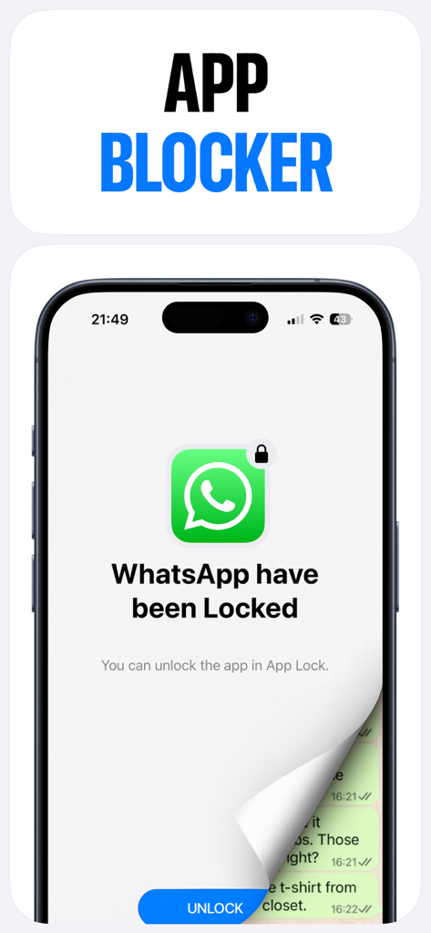 App Lock - Password For Apps - iPhone screen showing WhatsApp locked with a notification that the app is protected.