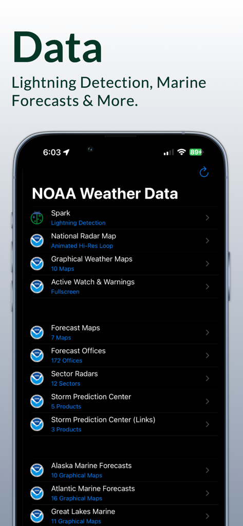 NOAA Weather Radio - NOAA Weather Radio app screen showing a list of weather data options including lightning detection and marine forecasts
