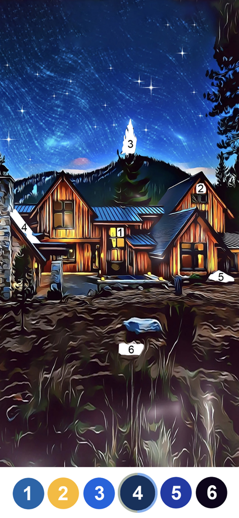 Fancy Color - Paint by Number - Interfaccia digitale dipingi per numero che mostra una casa di legno sotto un cielo stellato notturno