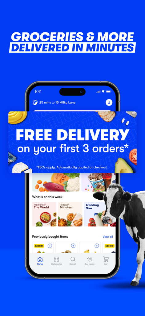 A mobile app interface for MILKRUN grocery delivery featuring a free delivery offer on a blue background with a cow mascot