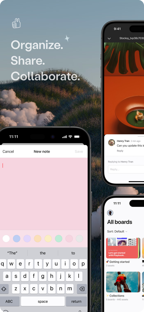 Playbook - Creative Storage - A visual interface of Playbook app on mobile devices showcasing creative boards note taking and collaboration features