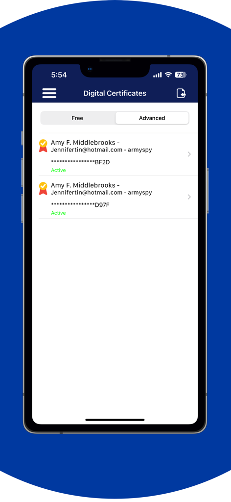 A screenshot of the SeyID Seychelles mobile app showing the digital certificates management screen with active certificate entries.