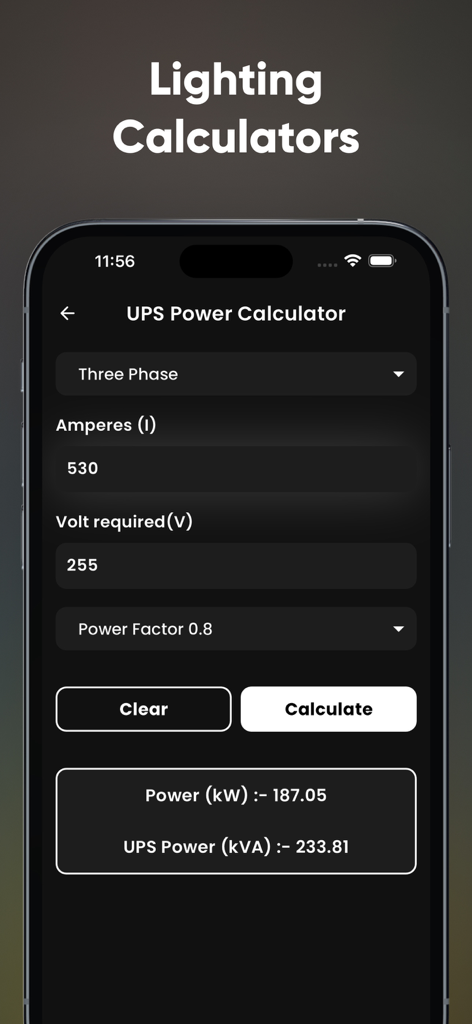 Electrical Power Calculator - A screenshot of the UPS Power Calculator app interface showing a three phase calculation for kW and kVA