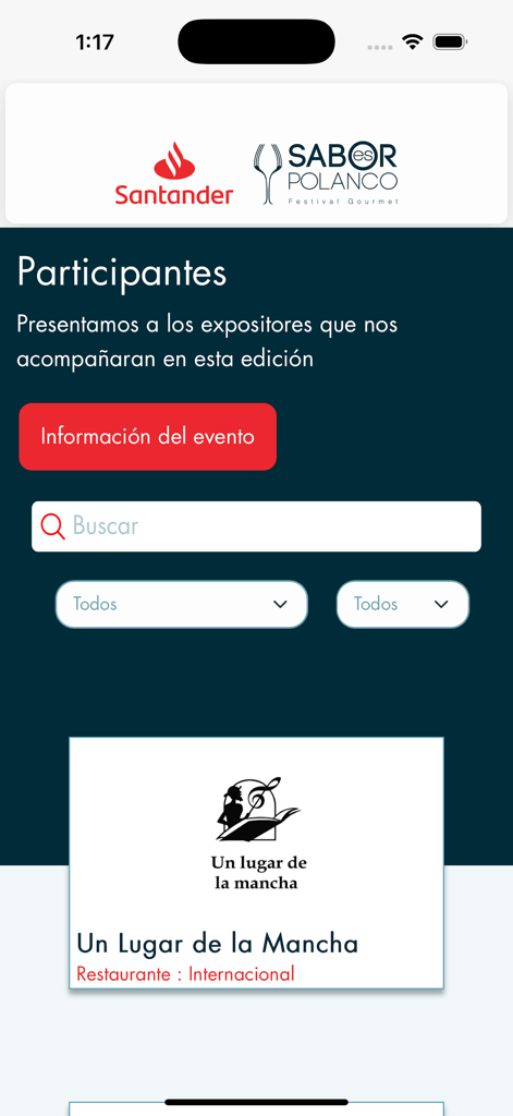 Sabor es Polanco - List of participating restaurants and exhibitors in the Sabor es Polanco app with search and filtering options.