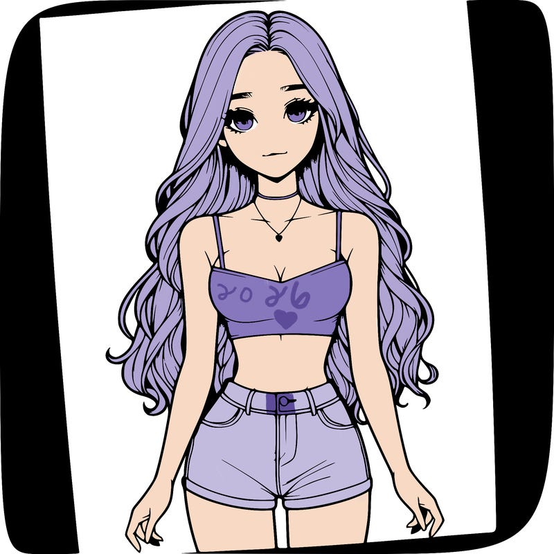 a realistic girl with long hair and in a crop top and shprts