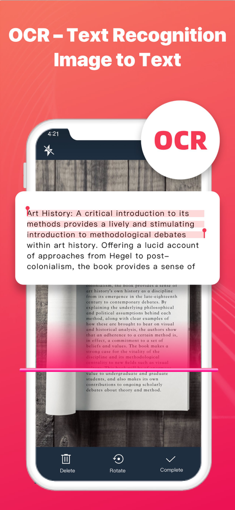 Text Scanner - Image to Text - Eine mobile App-Oberfläche, die die OCR-Texterkennung beim Scannen einer Buchseite zur Umwandlung von Bildern in Text zeigt.