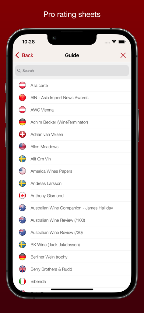 iPhone screen of VinoCell app showing a searchable list of professional international wine rating guides and awards