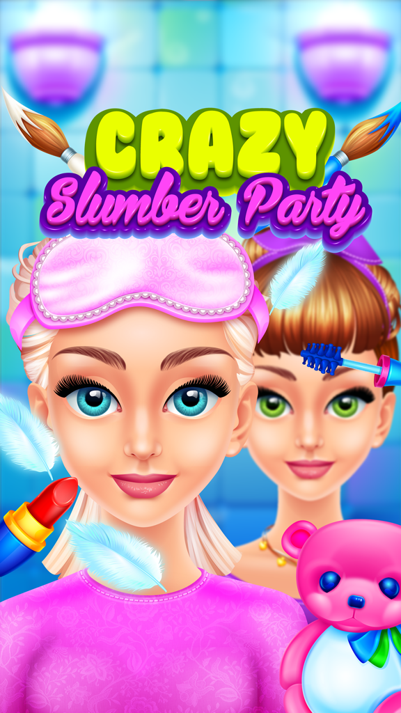 Crazy Slumber Party - Makeup, Face Paint, Dressup, Spa and Makeover - Girls Beauty Salon Games - A colorful game screen showing two girls with makeup and spa accessories for a slumber party themed makeover
