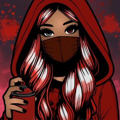 girl wearing a mask with long hair with her hood up spray-painting realistic