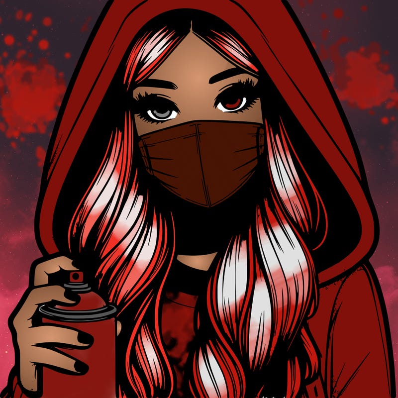 girl wearing a mask with long hair with her hood up spray-painting realistic