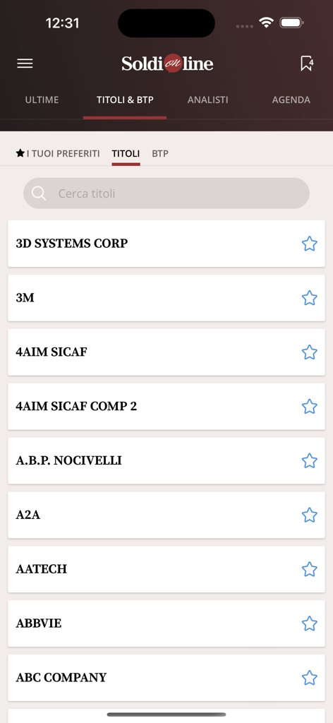 SoldiOnline - Interfaccia dell'app SoldiOnline che mostra un elenco ricercabile di azioni e BTP con icone preferite.