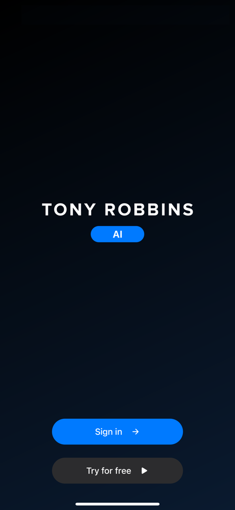 Pantalla de inicio de sesión de la aplicación Tony Robbins AI con botones de inicio de sesión y prueba gratuita