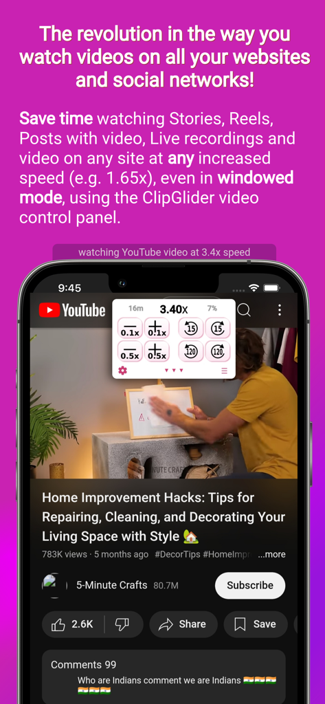 ClipGlider app overlay showing 3.40x video speed control on a YouTube video