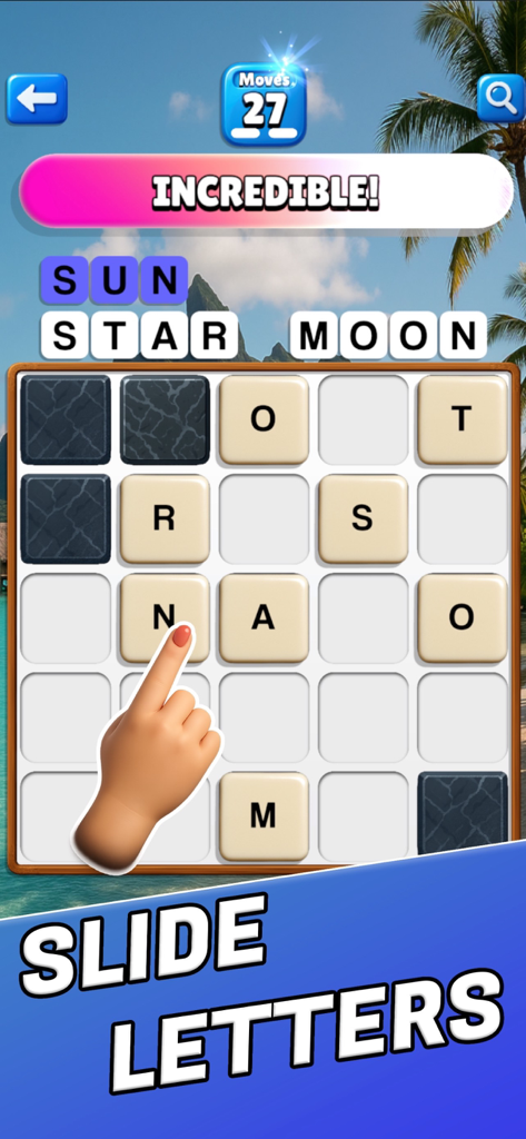 Word Slide Puzzle Vacation - A mobile word puzzle game showing a hand sliding letters on a grid against a tropical beach background