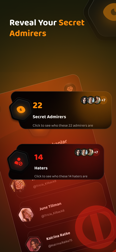 Reports by InSpy app interface showing secret admirers and haters analytics for Instagram