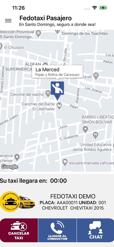 Interfaz de teléfono inteligente de la aplicación Fedotaxi que muestra un mapa y detalles del taxi para un viaje en Ecuador