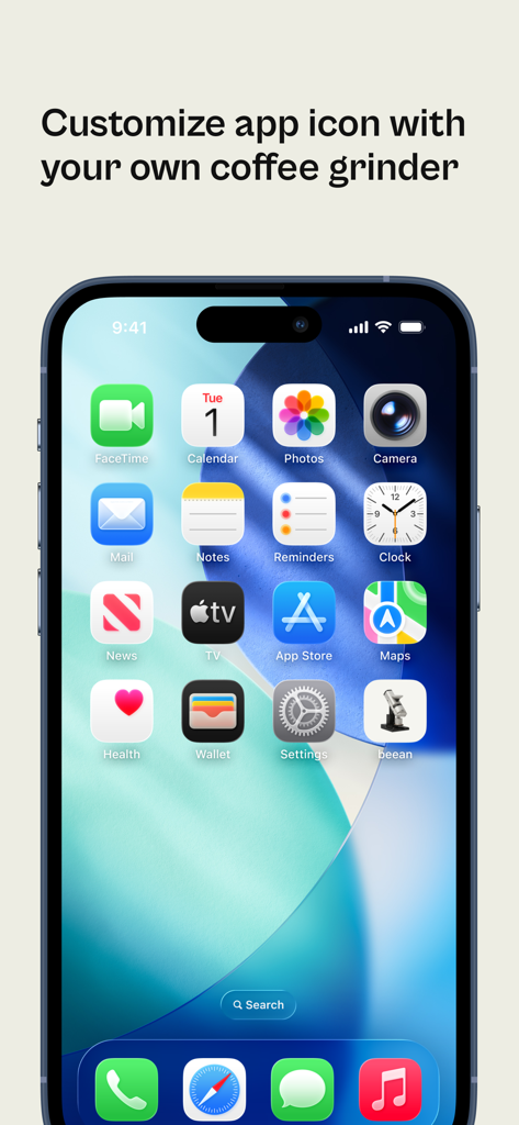 beean: brew your coffee right - Una pantalla de inicio de iPhone con un icono de molinillo de café personalizado para la aplicación beean.