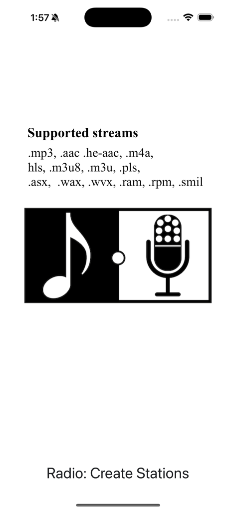 Radio: Create Stations - Liste des formats de flux audio pris en charge, y compris mp3 aac et m3u8 dans l'application Radio Create Stations