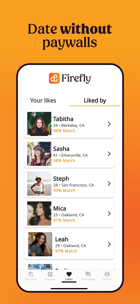 Firefly dating app interface showing a list of profiles who liked the user with their match percentages and photos.
