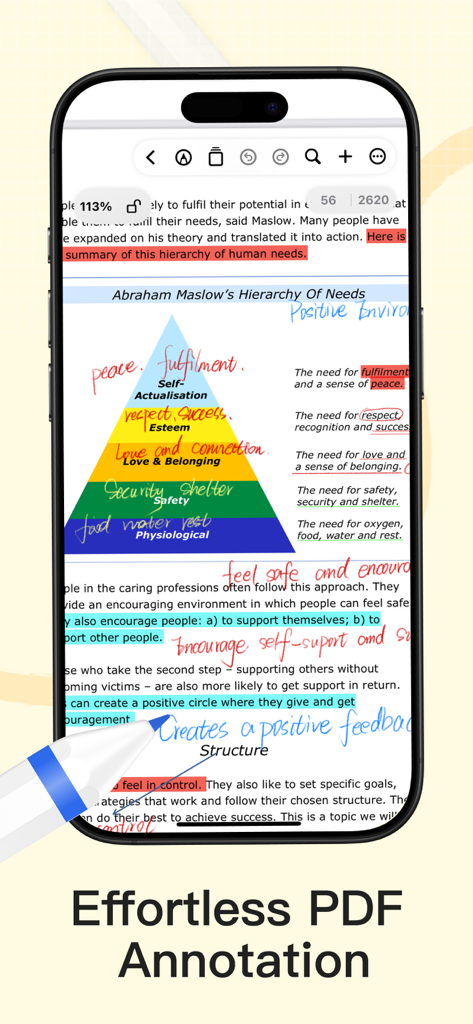 Prodrafts - Infinite Notes - Prodraftsアプリのスクリーンショット。マズローの欲求段階説のPDFに手書きのノートとハイライトで注釈を付けている様子。