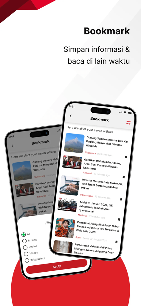 Screenshot of the iNews.id app bookmark page displaying a list of saved Indonesian news articles with a filter menu