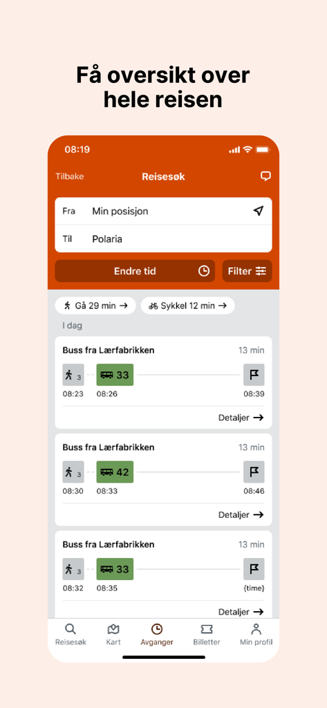 Svipper - The Svipper app displaying a list of bus travel options and estimated arrival times.