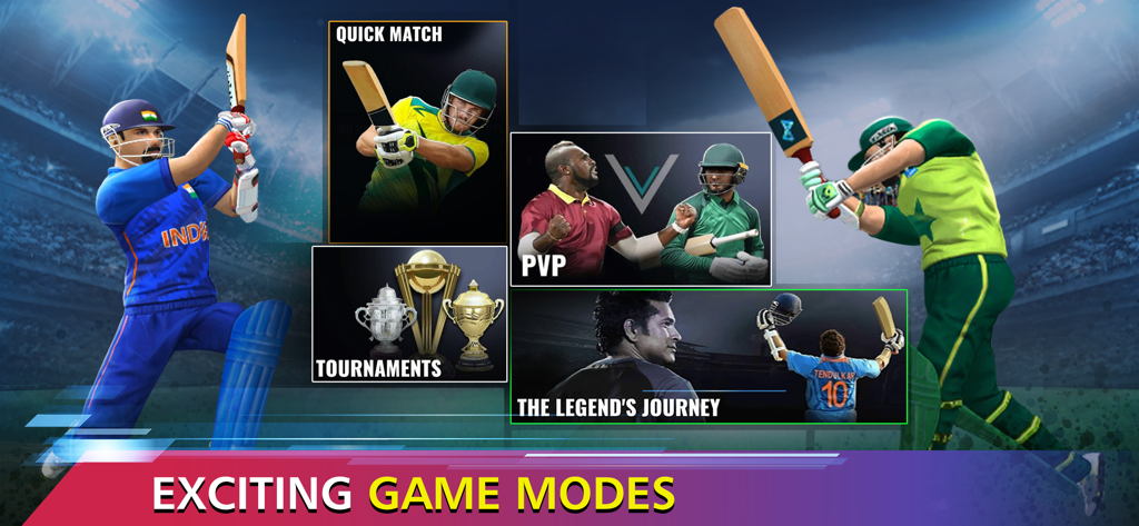 A showcase of cricket game modes including Quick Match PvP Tournaments and The Legends Journey