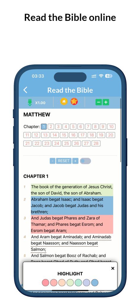 Bible KJV - King James Audio - Una pantalla de teléfono inteligente que muestra la aplicación Bible KJV con versículos resaltados y opciones de selección de color para el estudio.