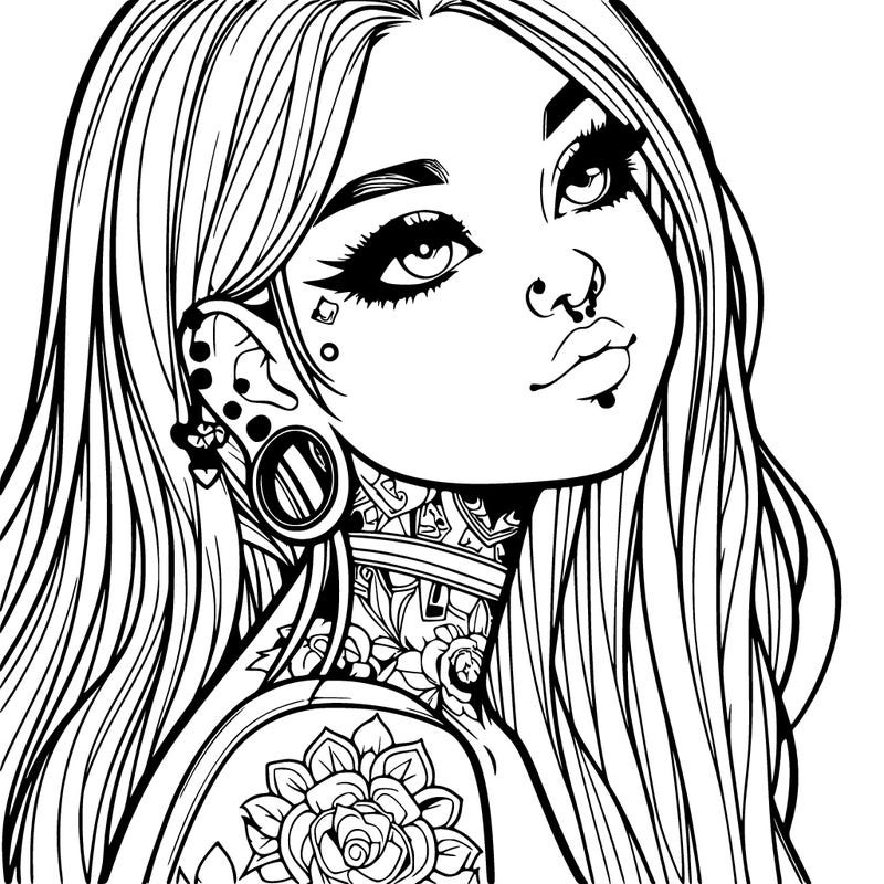 realistic girl with long hair ear piercings and tattoos
