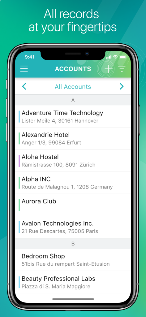 CT Mobile for Salesforce app screen showing a list of business accounts and their addresses