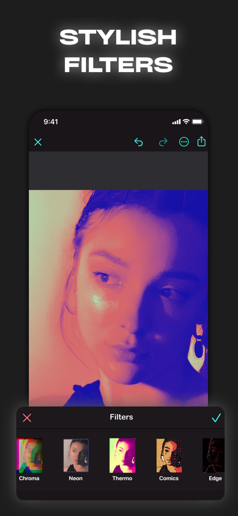 aesthetic photo editor - R4VE - R4VE mobile app interface showing stylish and experimental photo filters like Chroma and Neon on a portrait