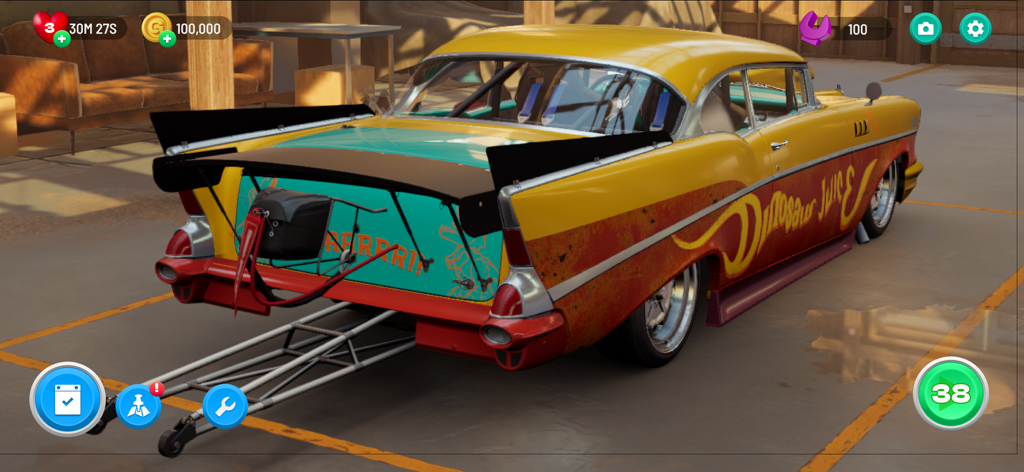 Matchcreek Motors: Custom Cars - a yellow classic car customized for drag racing in a garage