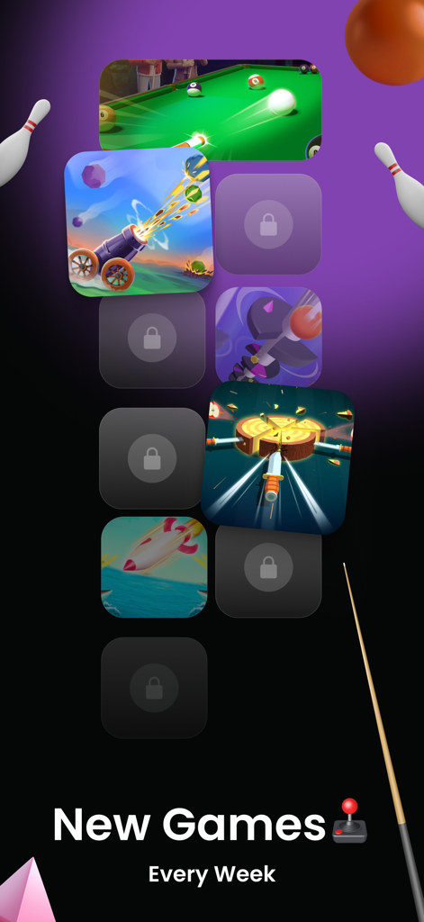 Una selección de iconos de juegos casuales para móviles en la biblioteca de la aplicación Plutus, destacando los nuevos juegos añadidos cada semana