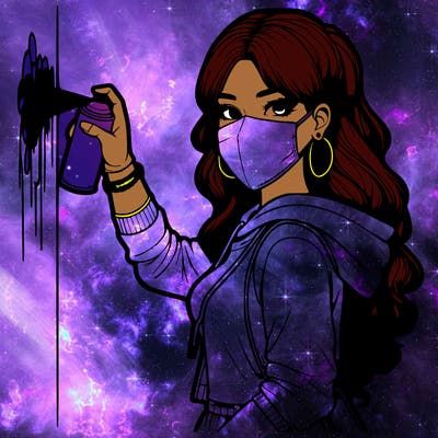 realistic girl with mask spray painting a wall