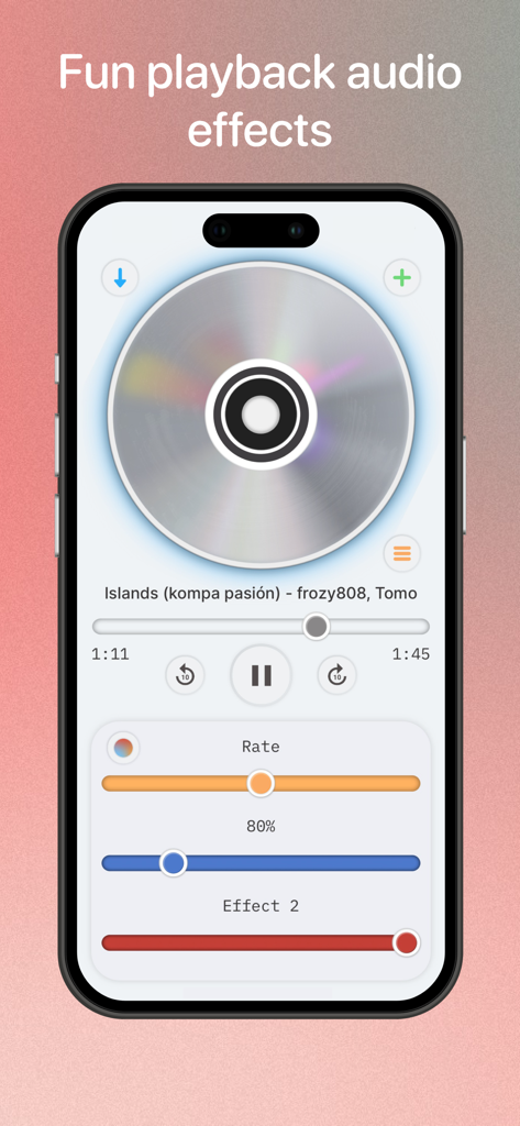 Alinea Music - Interfaz de la aplicación Alinea Music mostrando sliders de reproducción de audio y un CD giratorio para remezclar canciones