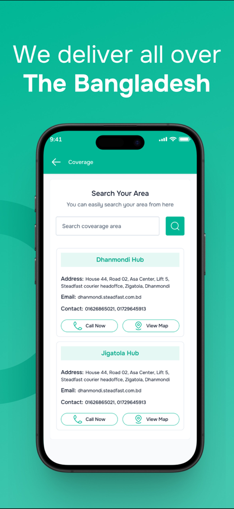 SteadFast Merchant - SteadFast Merchant 앱 커버리지 화면에 지역 배송 허브 및 연락처 정보가 표시됩니다.