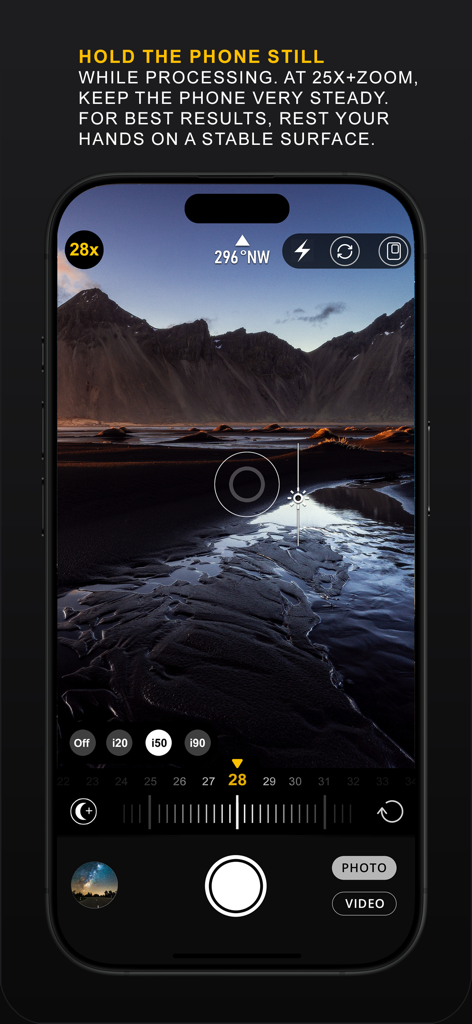 30x Zoom Digital Video Camera - Smartphone screen showing the 30x Zoom Digital Video Camera app at 28x zoom on a mountain landscape with stabilization tips.