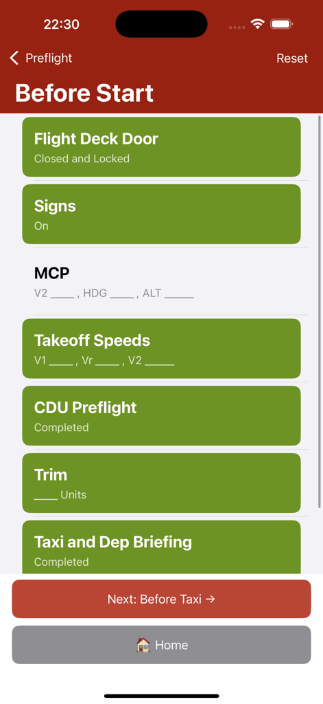 B777 Checklist app interface displaying a list of flight procedures for the Before Start phase with completed items highlighted in green