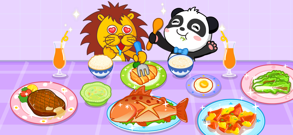 My Panda Chef Kitchen - A panda and a lion sitting at a table filled with various food dishes in My Panda Chef Kitchen.