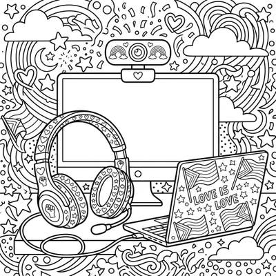 Immerse yourself in a festive celebration of technology and Pride Month with this intricately designed coloring page. Featuring webcams, headsets, and laptops decorated with symbols of love and diversity, it's perfect for expressing your creativity.