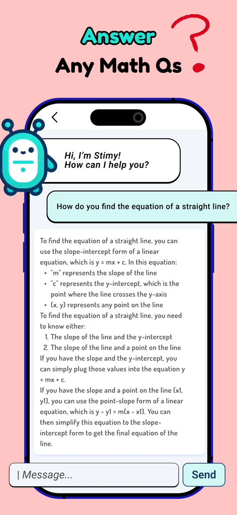 Stimy AI: Math Solver & Tutor - Stimy AI chatbot providing a detailed explanation on how to find the equation of a straight line.
