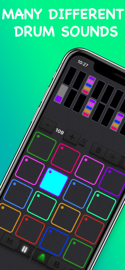 Drum & Rhythm Pad - Beat Maker - Pantalla de smartphone mostrando la app Drum and Rhythm Pad con pads coloridos para la creación de música y beats.